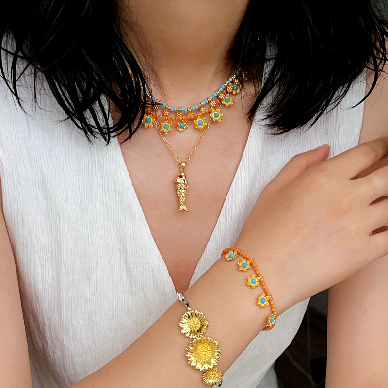 复古法式彩珐琅花朵串珠项链手链