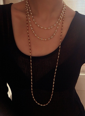 法式优雅珍珠红尖晶石多层毛衣链