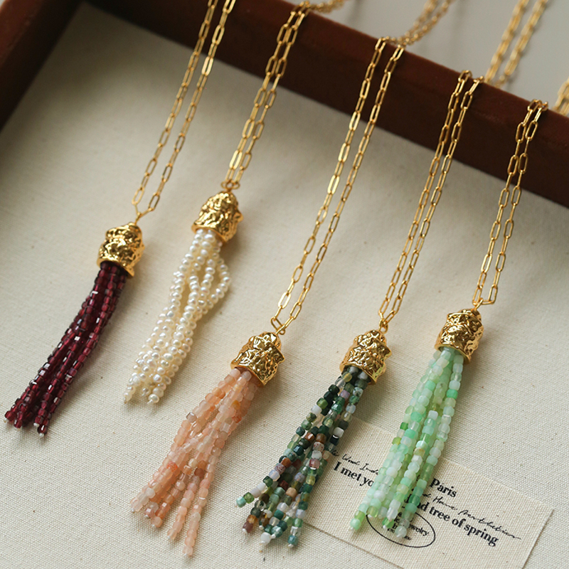 复古法式天然石珍珠流苏吊坠项链