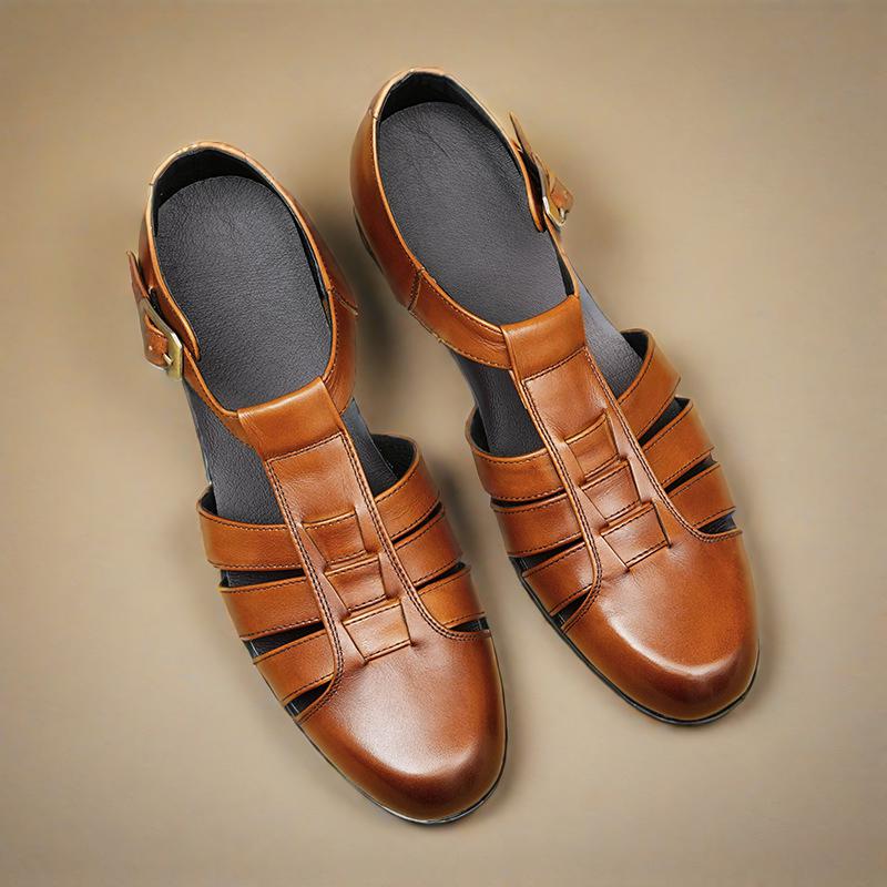 2025新款包头凉皮鞋男款夏季复古搭扣罗马休闲真皮英伦透气沙滩鞋
