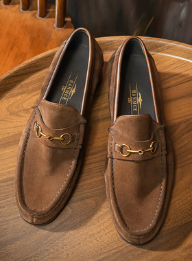 英伦风反绒皮乐福鞋男一脚蹬豆豆鞋商务休闲老钱风皮鞋软底舒透气