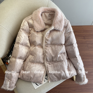 新中式羽绒服女2025冬新款国风提花水貂毛拼接独特漂亮冬装厚外套