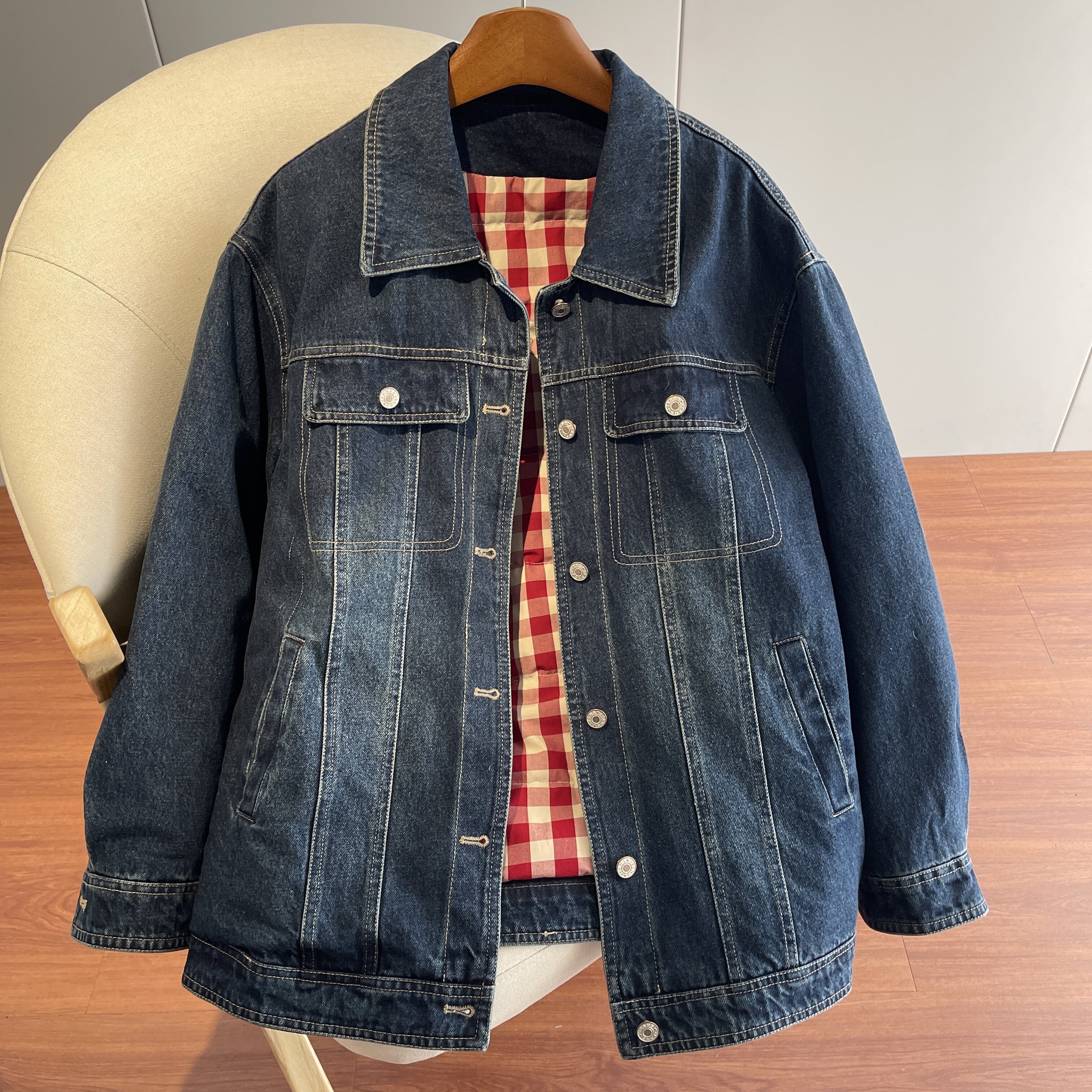 格纹拼接全棉牛仔羽绒服女2025冬季新款休闲白鸭绒内胆中长款外套