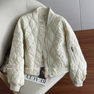 米白色菱格棉衣女2025秋冬新款 重工刺绣罗纹拼接夹棉保暖棉服夹克