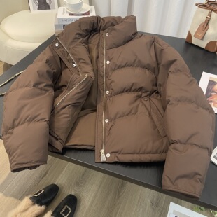 美式咖色短款羽绒服女2025冬季新款小个子宽松面包服立领保暖外套