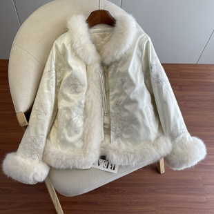 新中式重工刺绣羽绒服女2025冬季新款仿真狐狸毛拼接保暖短款外套