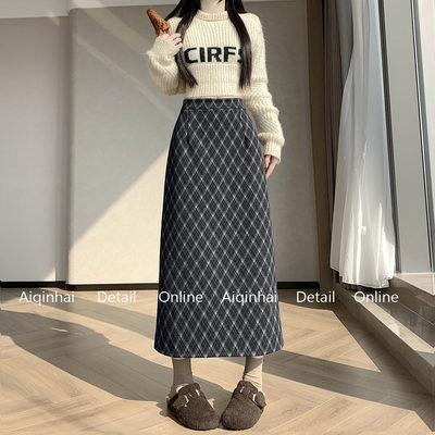 高腰格纹半身裙女秋冬新款时尚百搭后开叉直筒格子中长款款一步裙