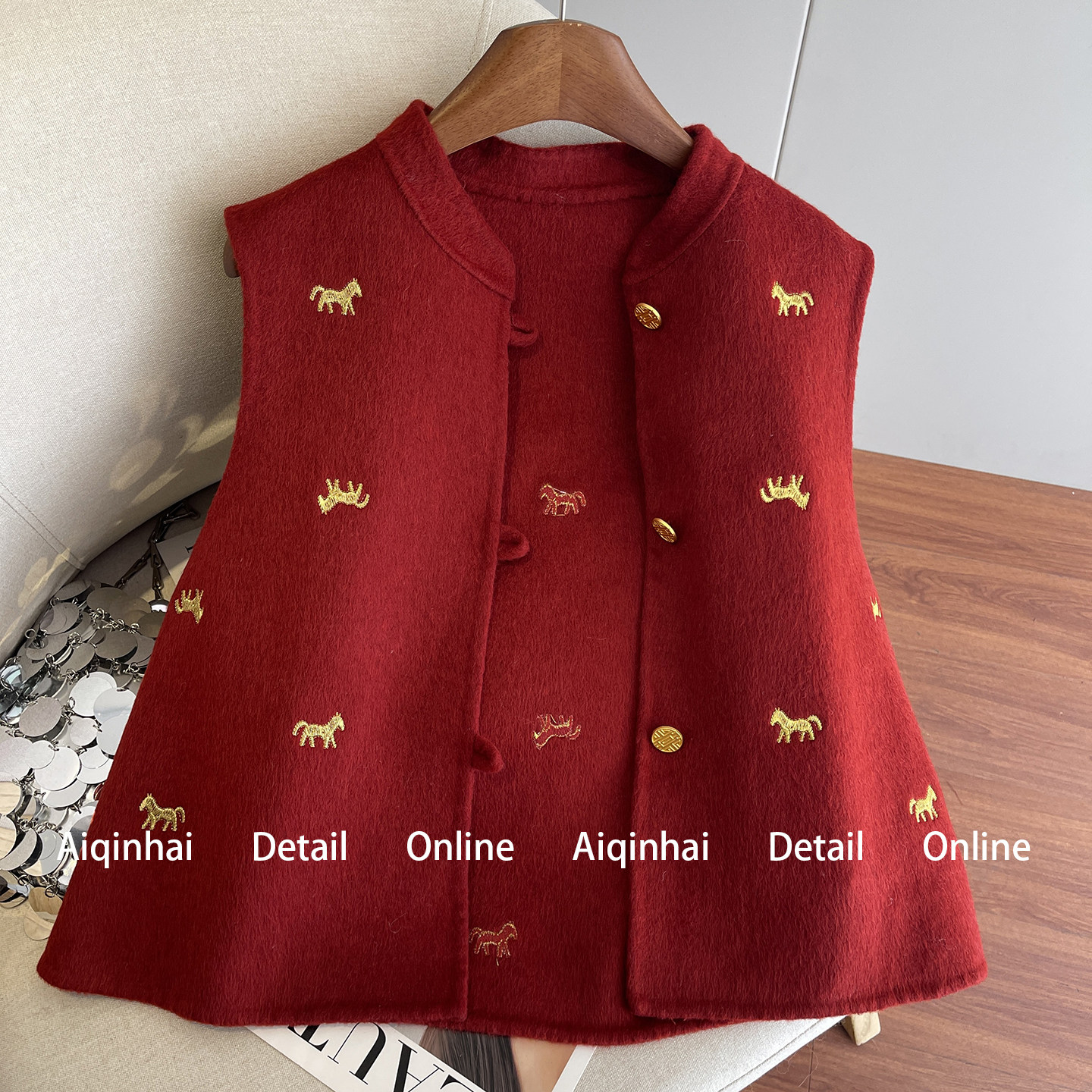 新中式双面呢马甲女2026春季新款马上发财国风刺绣羊毛呢坎肩马夹