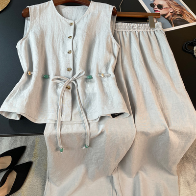 老钱风抽绳背心上衣阔腿裤两件套