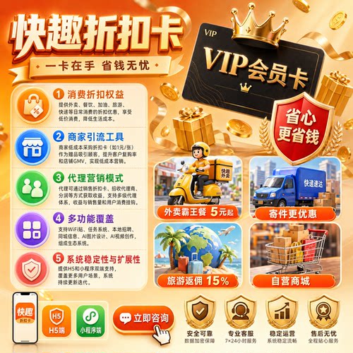 外卖会员卡CPS折扣卡小程序搭建开发H5公众号saas系统