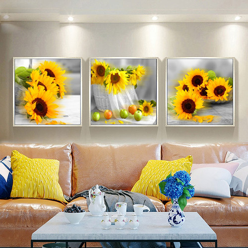 宣绒布钻石画满钻2024新款客厅三联画简约花卉钻石绣餐厅向日葵