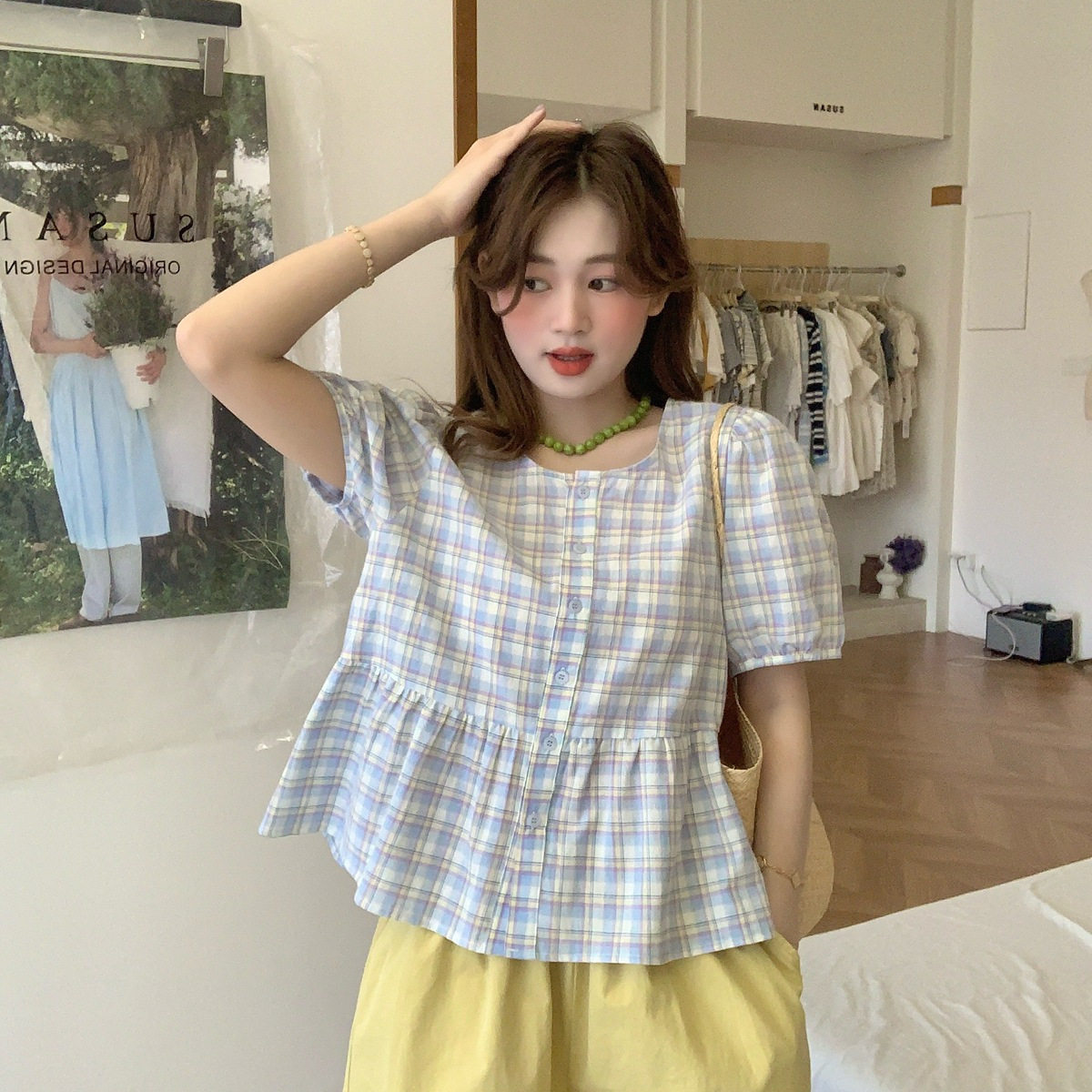 苏珊 格纹复古短袖衬衫女夏季新款小清新减龄甜美百搭上衣DW061