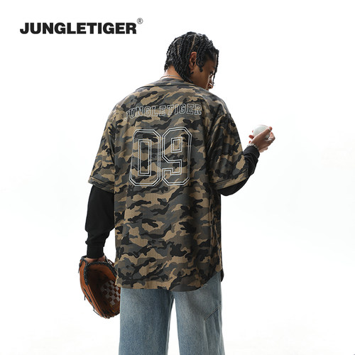 美式街头厚板胶棒球衫短袖衬衫男