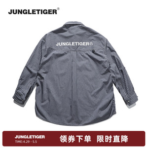 丛林老虎美式刺绣长袖衬衫男街头潮牌休闲纯棉情侣格子衬衣外套女