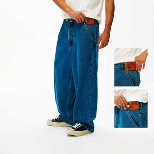 街头潮牌阔腿休闲裤 卡包皮标水洗牛仔裤 子男 复古工装 丛林老虎美式