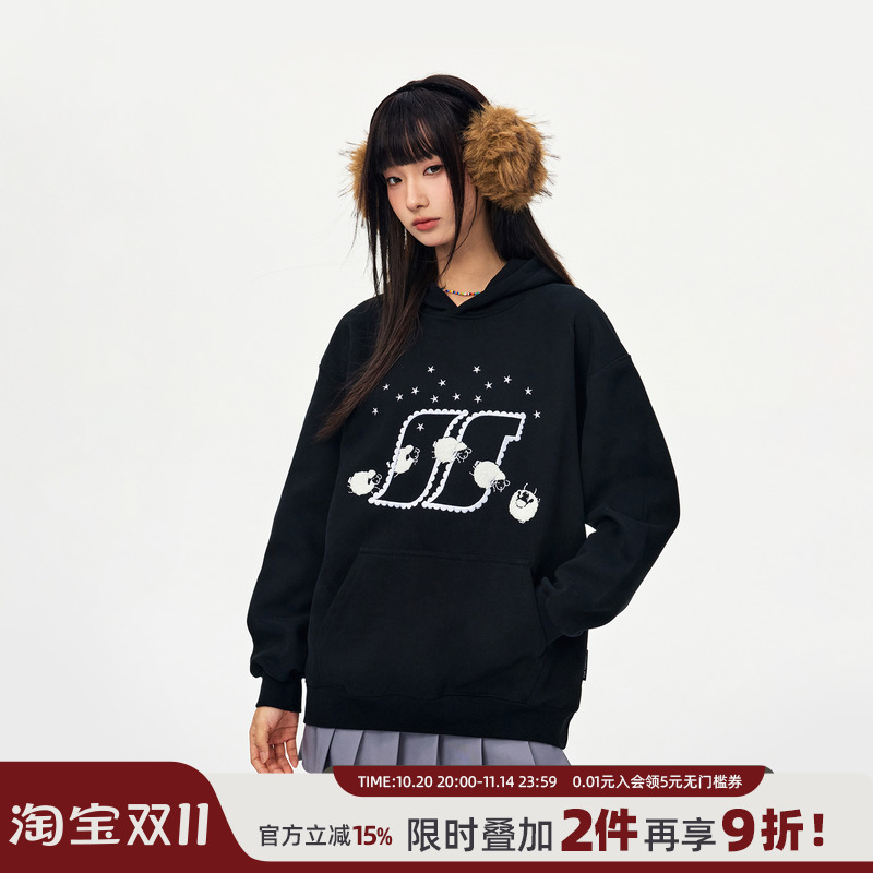 丛林老虎可爱小羊毛巾绣连帽卫衣女秋冬潮牌情侣宽松加厚帽衫外套