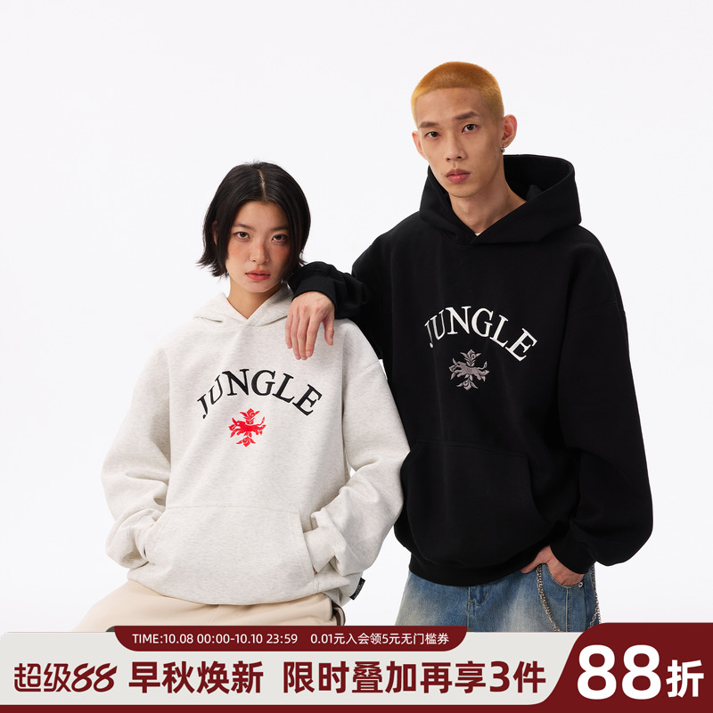 丛林老虎美式潮牌字母刺绣情侣卫衣男女同款宽松休闲套头连帽上衣
