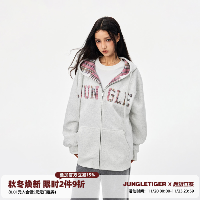 丛林老虎贴布格子拉链帽衫女美式潮牌连帽卫衣男秋冬情侣休闲外套