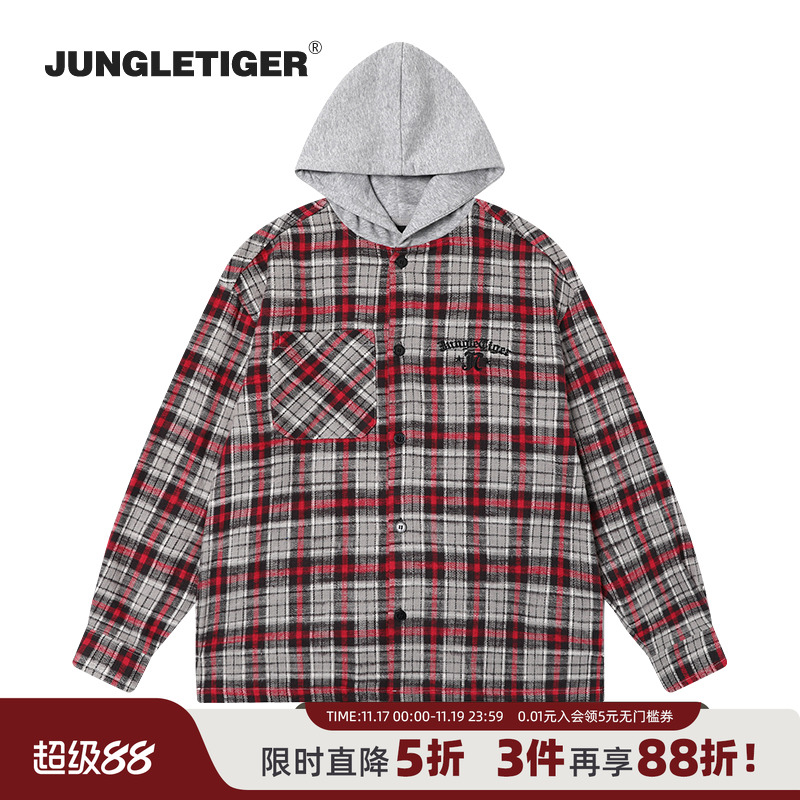 丛林老虎美式街头连帽长袖衬衫男