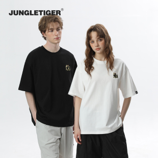 丛林老虎简约国风小老虎刺绣T恤男夏日纯棉短袖 情侣上衣 女半袖