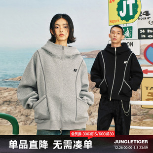 丛林老虎美式 外套 重磅加绒拉链卫衣男潮牌辑明线廓形情侣连帽开衫