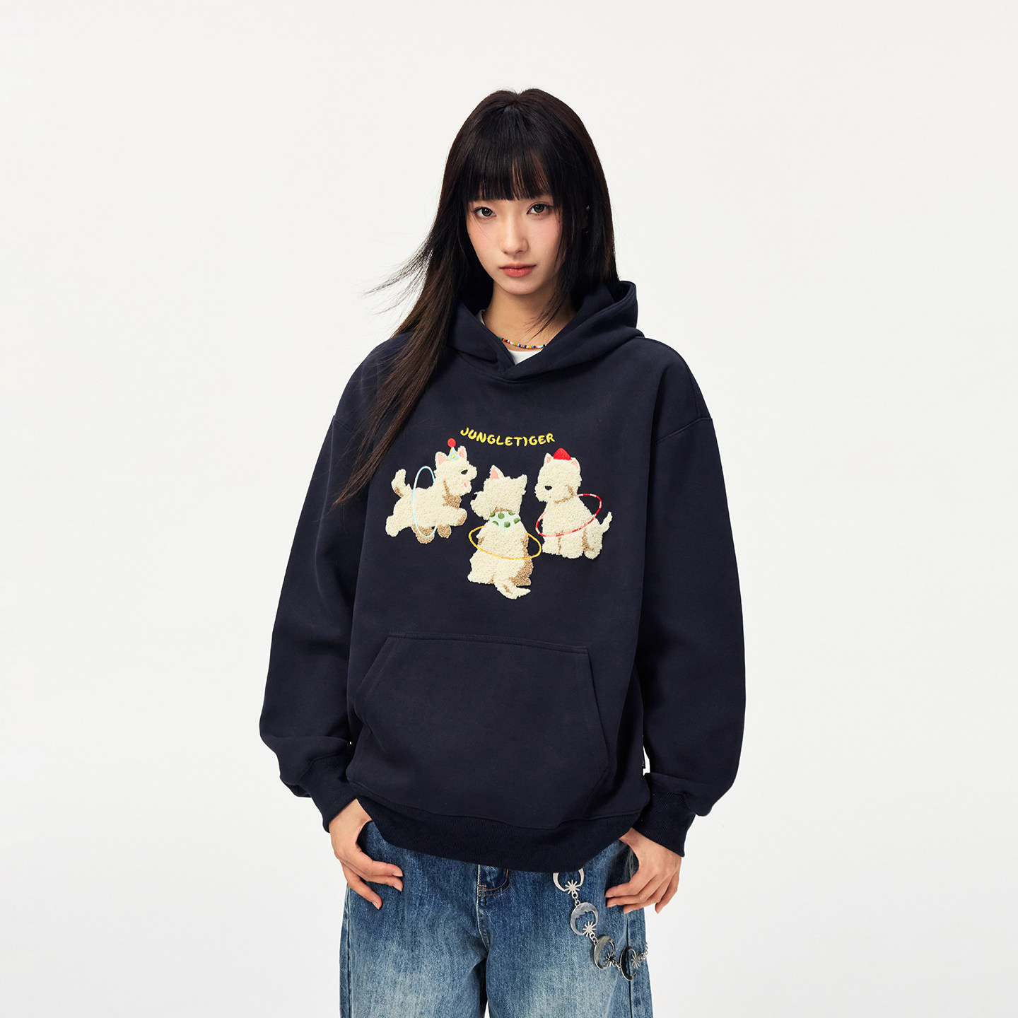 丛林老虎趣味三只小狗毛巾绣连帽卫衣男女美式潮牌重磅情侣装外套