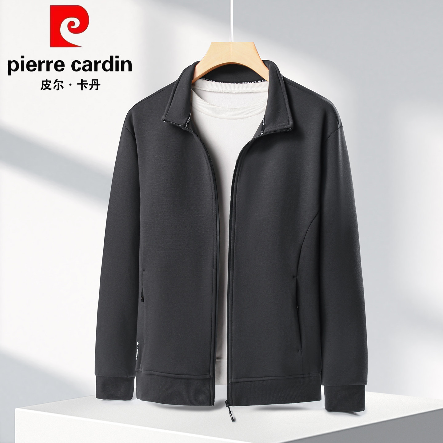 皮尔卡丹加肥加大棉质男士立领夹克春秋宽松中年爸爸翻领上衣外套