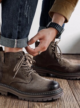 灰色马丁靴男女冬季加绒真皮英伦风中帮工装靴高级感高帮登山靴