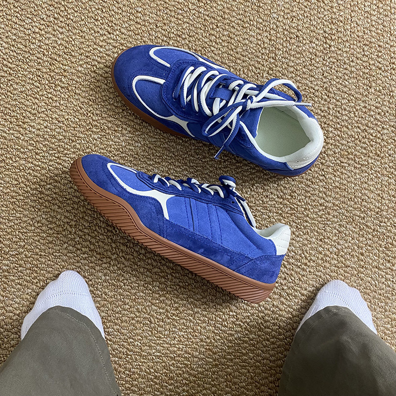 德训鞋男款真皮蓝色平底运动训练鞋软底赛车鞋圆头复古通勤阿甘鞋