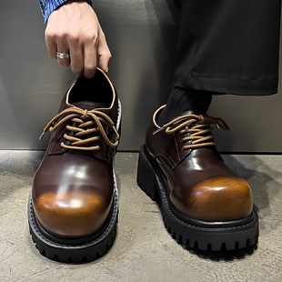 真皮棕色厚底低帮马丁靴英伦复古大头休闲皮鞋 增高10CM德比鞋 男款