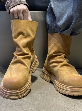 切尔西靴男真皮复古烟筒靴推推靴后拉链厚底大黄靴大头高帮马丁靴