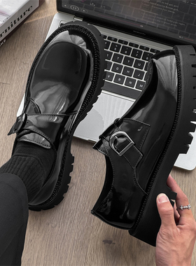 休闲皮鞋男款真皮亮面商务正装厚底增高德比鞋英伦风乐福鞋孟克鞋