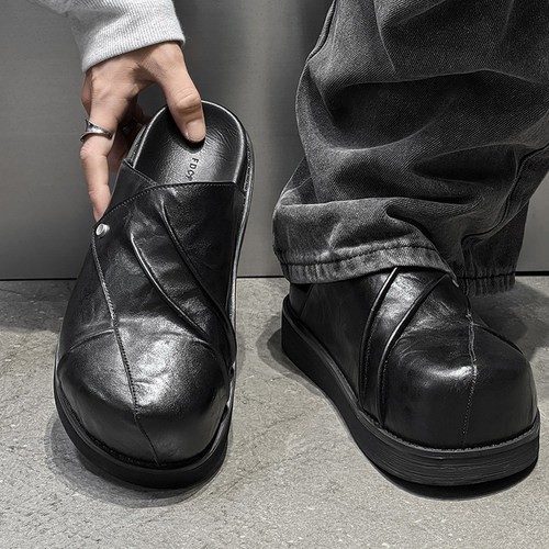 复古包头勃肯鞋男真皮褶皱风拖鞋