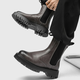 灰色切尔西靴男款真皮英伦风烟筒靴高帮复古机车靴厚底中帮短靴
