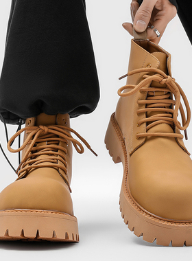 大黄靴男冬季加绒真皮厚底增高马丁靴中帮机车靴复古高帮工装靴