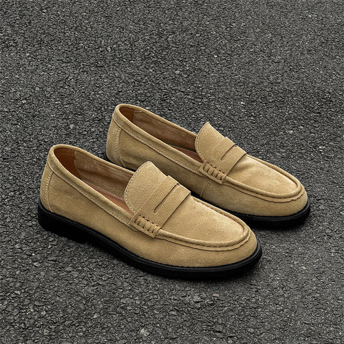 休闲皮鞋男2025新款商务正装一脚蹬懒人乐福鞋反绒皮通勤豆豆鞋