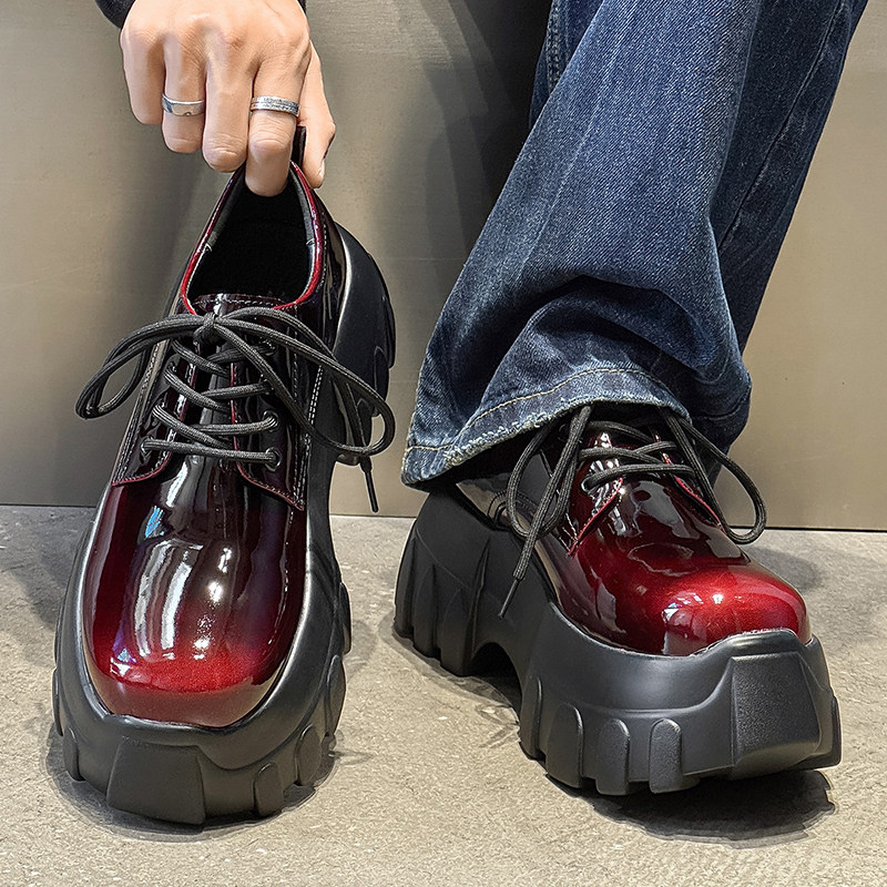 齿轮厚底德比鞋男增高7CM漆皮亮面工装鞋复古松糕鞋红色休闲皮鞋,流行男鞋,休闲皮鞋,淘宝优惠券,粉丝福利购,淘宝优惠卷