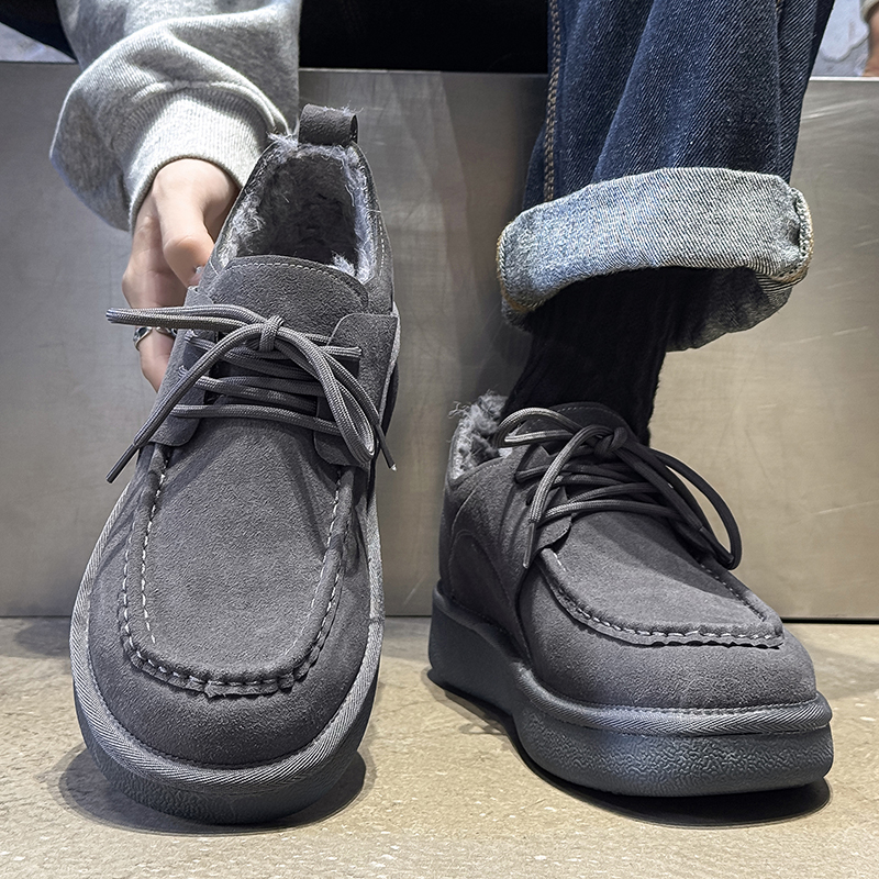 小土豆雪地靴男款翻毛皮低帮冬季加绒加厚保暖东北棉鞋灰色工装鞋