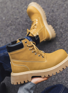 大黄靴男女冬季加绒真皮高帮工装靴厚底增高大头拉链中帮机车靴
