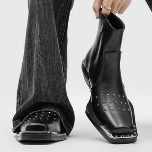 方头切尔西靴男真皮铆钉铁头朋克风中帮短靴潮牌拉链高帮马丁靴
