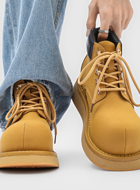 增高7CM大黄靴男厚底潮款大头工装靴休闲百搭系带马丁靴中帮短靴