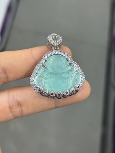 冰种蓝水翡翠佛公吊坠缅甸天然a货翡翠纯银镶嵌笑佛弥勒佛项链女