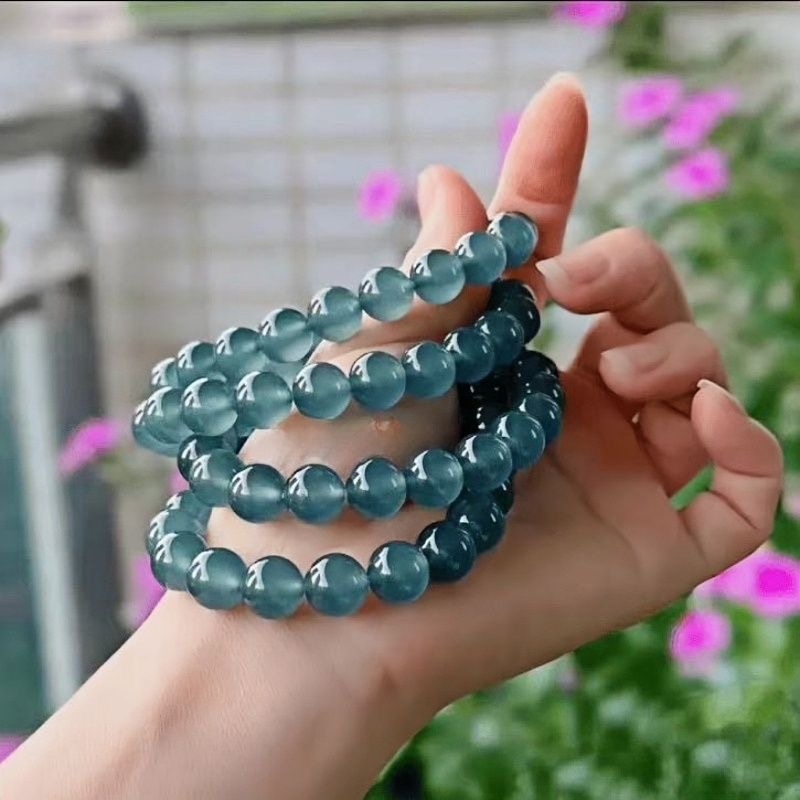 天然缅甸A货翡翠冰种蓝水翡翠蓝色起胶圆珠手串手链正品玉石珠子