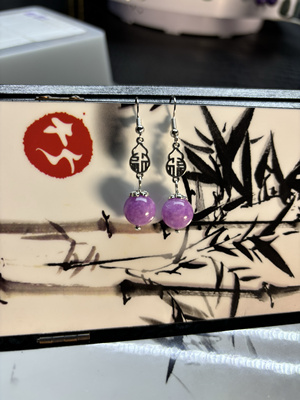 天然缅甸紫色翡翠A货正阳紫翡圆珠高冰耳坠S925银镶嵌