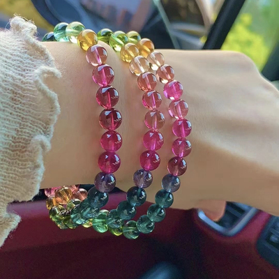精品纯天然巴西玻璃体彩虹碧玺手链佛珠三圈多圈碧玺水晶正品手串