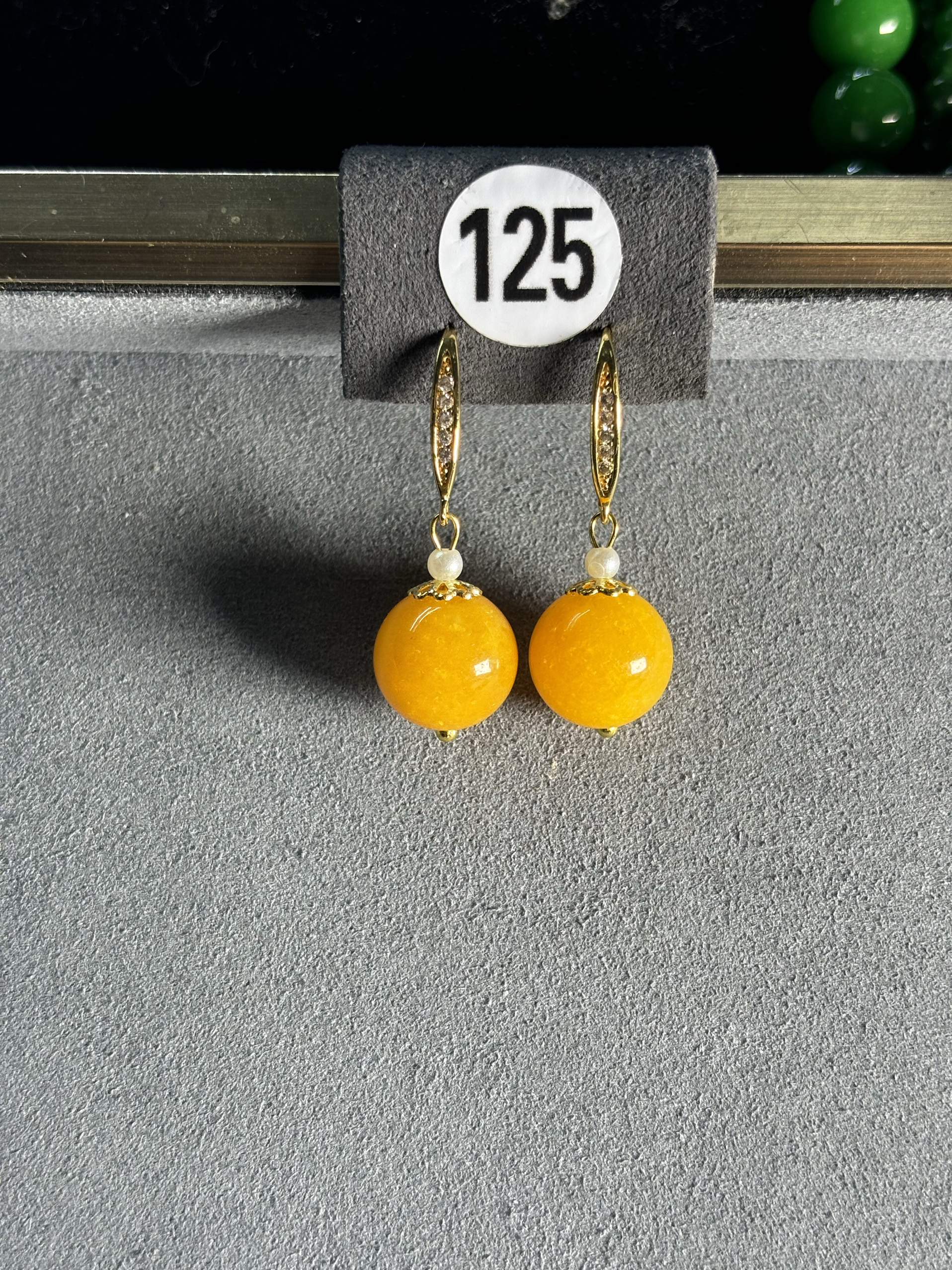 A货缅甸翡翠14k金镶嵌冰糯种天然黄翡珠子耳坠耳环 耳钩款翡翠