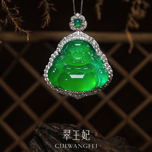 缅甸真玉石【弥勒笑佛】佛公吊坠天然翡翠S925银大肚佛项链女正品
