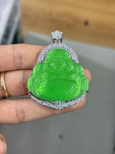 冰种正阳绿佛公翡翠吊坠纯银镶嵌缅甸天然a货帝王绿满绿玉佛挂件