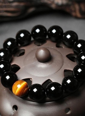 正品天然双彩眼黑曜石手链虎眼石男女水晶佛珠手串本命年护身符