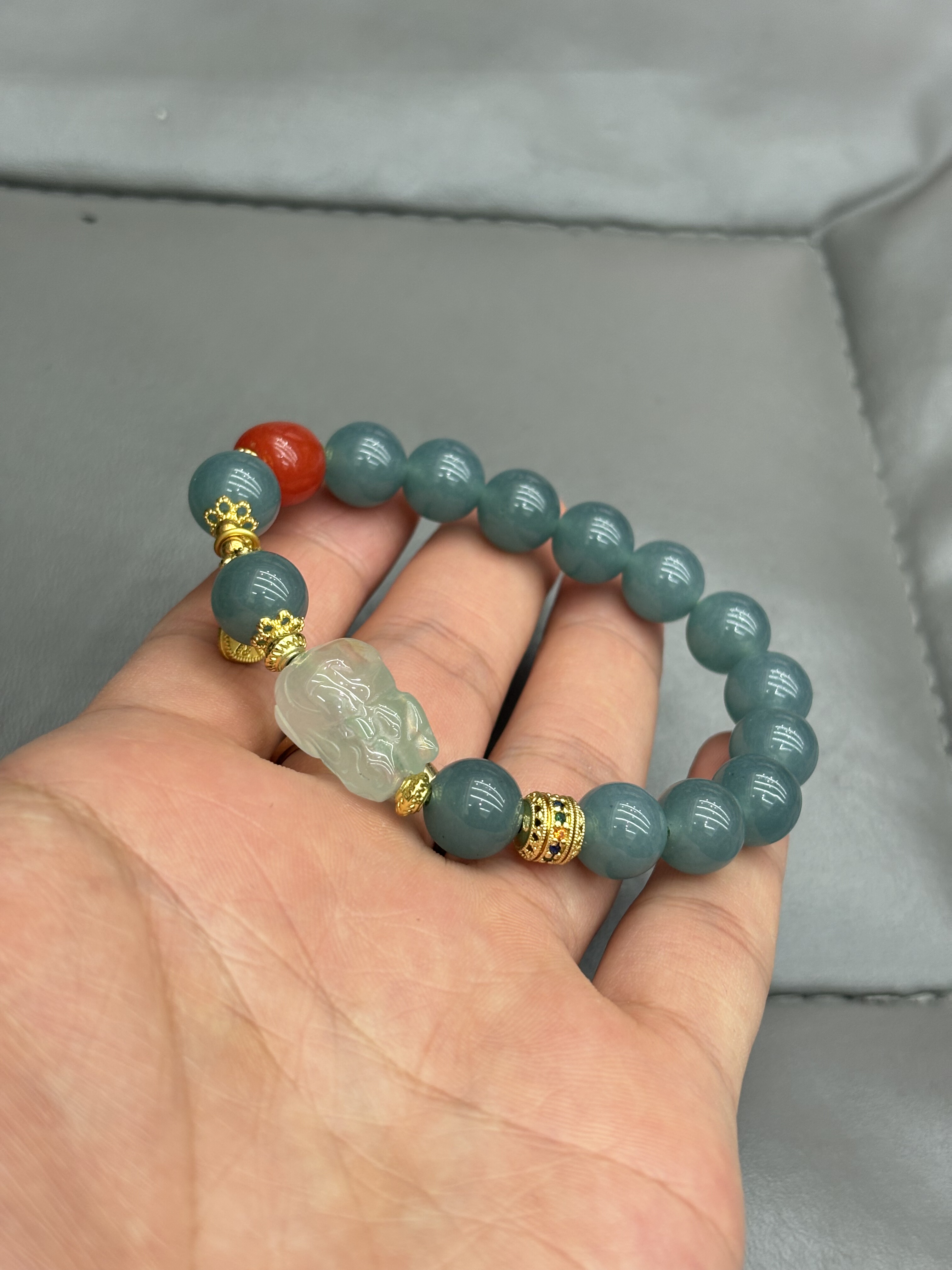 原创天然冰种缅甸料蓝水翡翠手链新中式古法手串蓝翡圆珠女轻奢